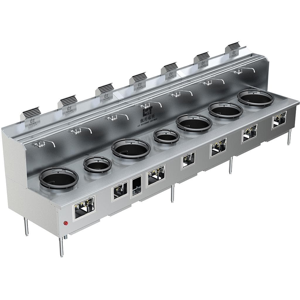 Custom Made Back Drainage Ductile Iron Wok Range 7 Burners